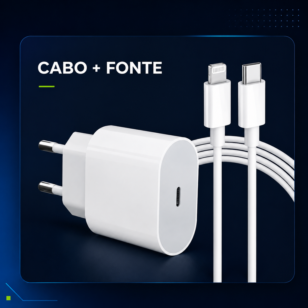 Kit Carregador iPhone Turbo Tipo-C 20W + Cabo Lightining para IPhone Carga rápida
