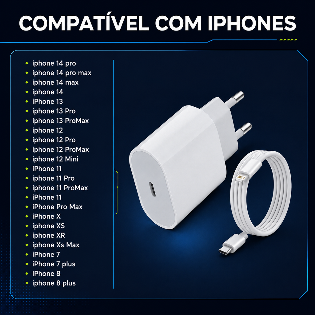 Kit Carregador iPhone Turbo Tipo-C 20W + Cabo Lightining para IPhone Carga rápida