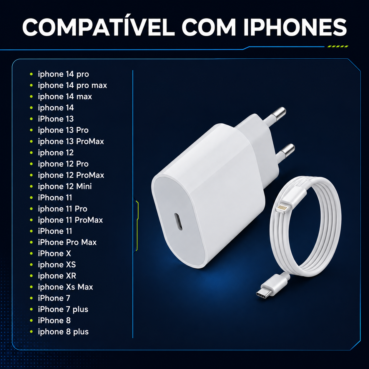 Kit Carregador iPhone Turbo Tipo-C 20W + Cabo Lightining para IPhone Carga rápida