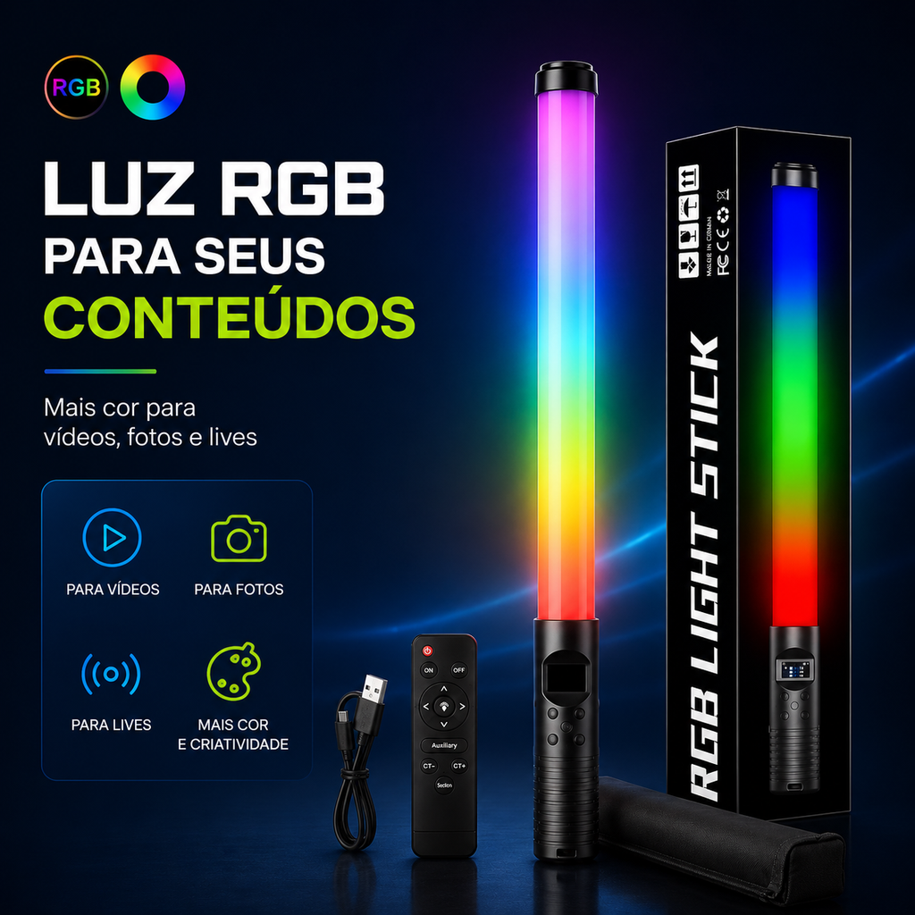 Bastão de Luz LED RGB 20W para Fotografia e Vídeo com Controle Remoto