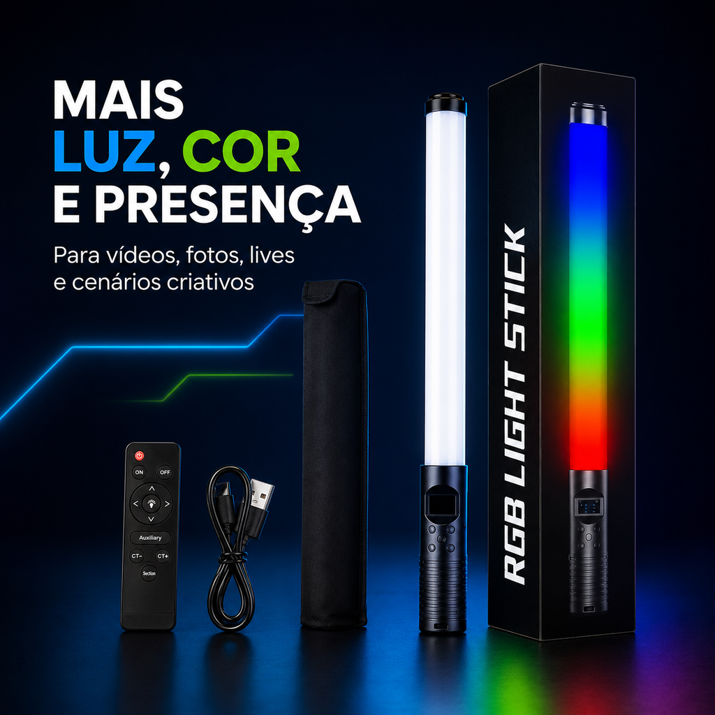 Bastão de Luz LED RGB 20W para Fotografia e Vídeo com Controle Remoto