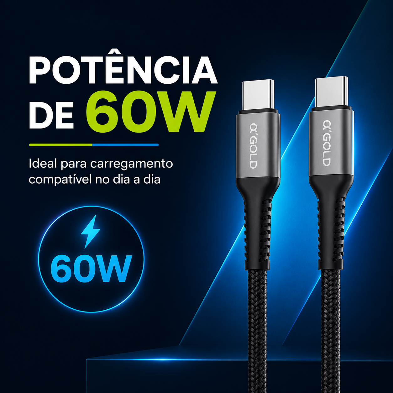 Cabo USB-C Turbo 60W A'Gold | Carregamento Rápido e Transferência de Dados