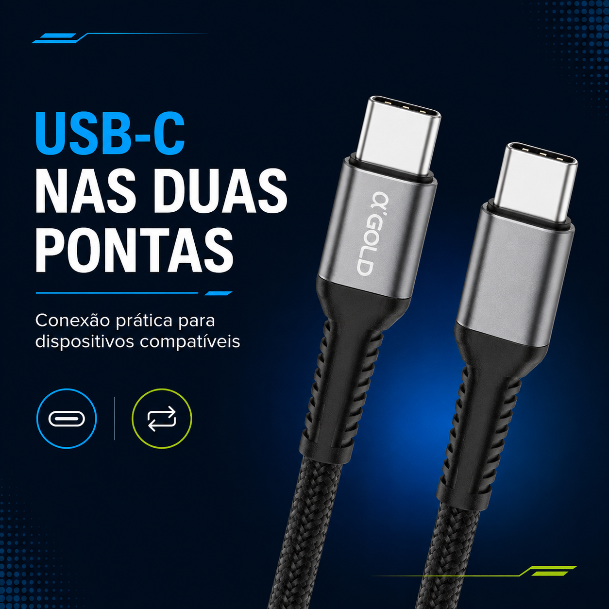 Cabo USB-C Turbo 60W A'Gold | Carregamento Rápido e Transferência de Dados