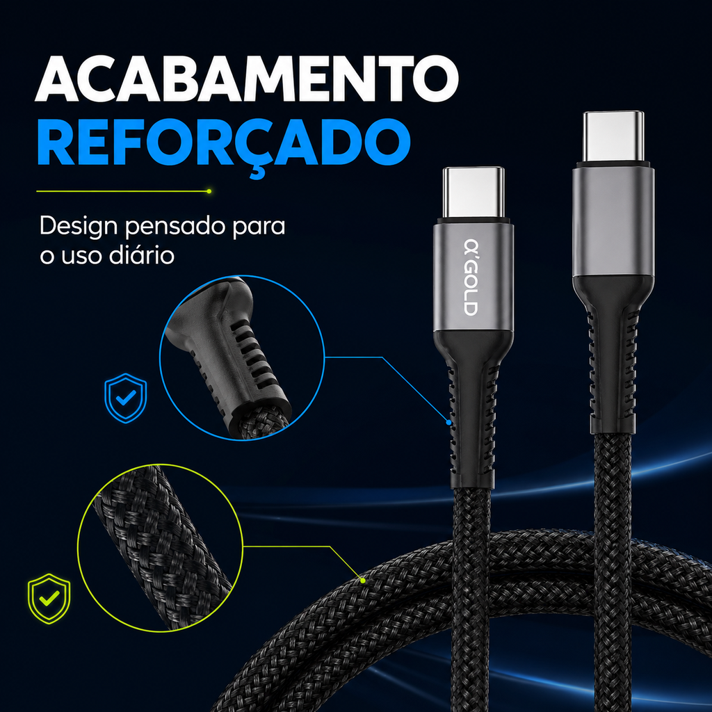 Cabo USB-C Turbo 60W A'Gold | Carregamento Rápido e Transferência de Dados