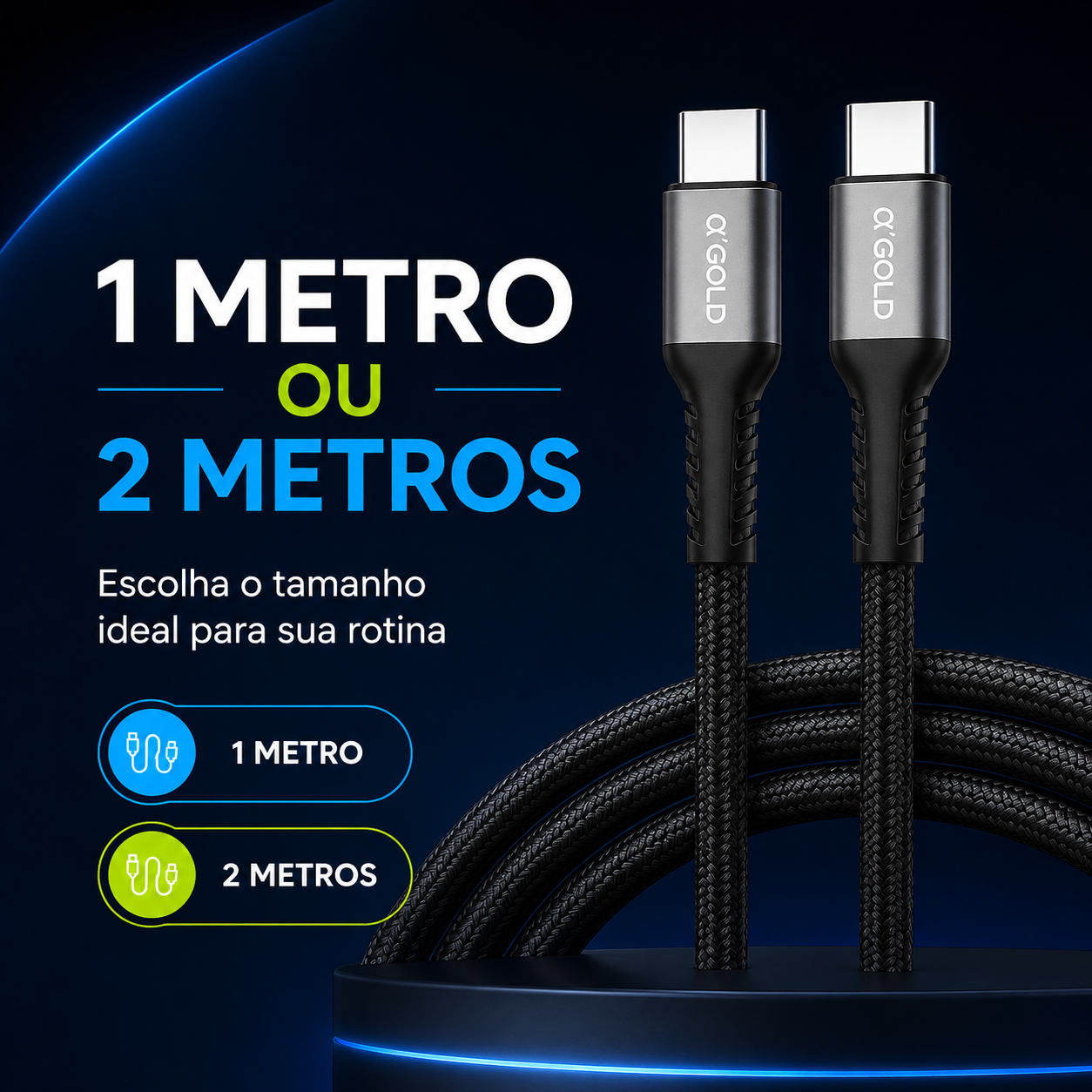 Cabo USB-C Turbo 60W A'Gold | Carregamento Rápido e Transferência de Dados