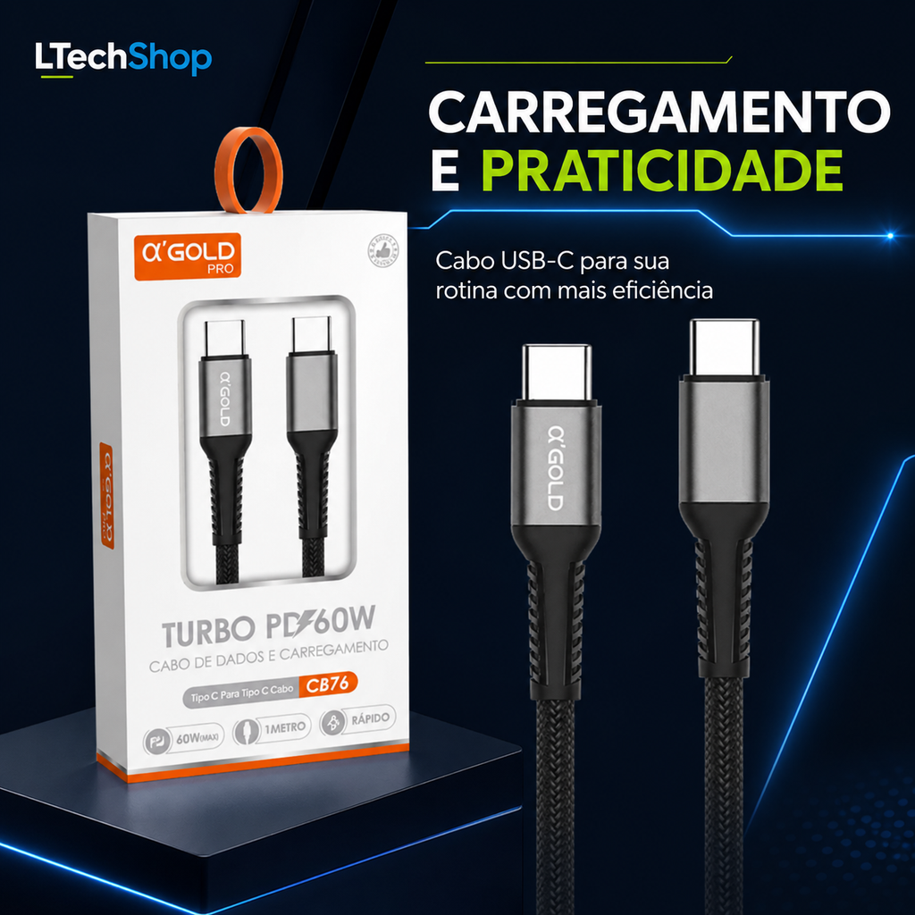 Cabo USB-C Turbo 60W A'Gold | Carregamento Rápido e Transferência de Dados