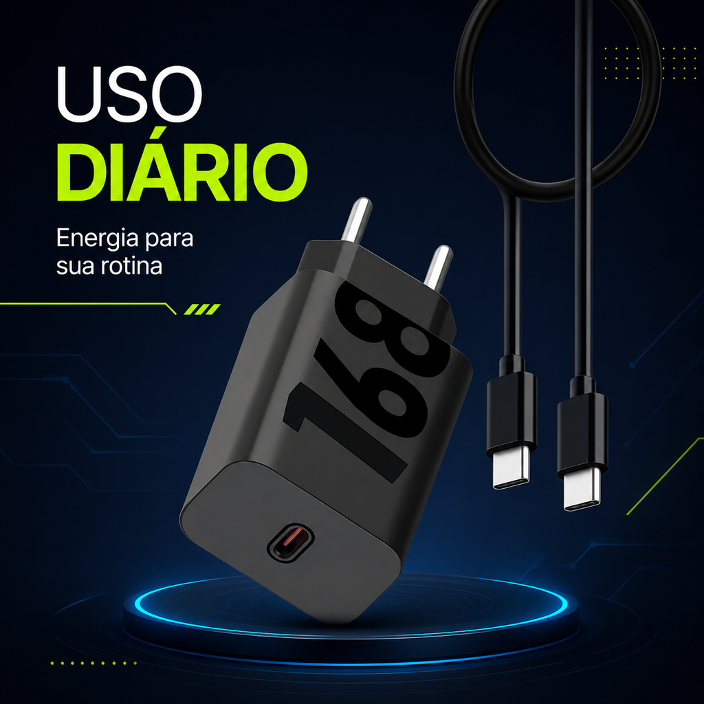 Carregador USB-C para recarga rápida de dispositivos compatíveis