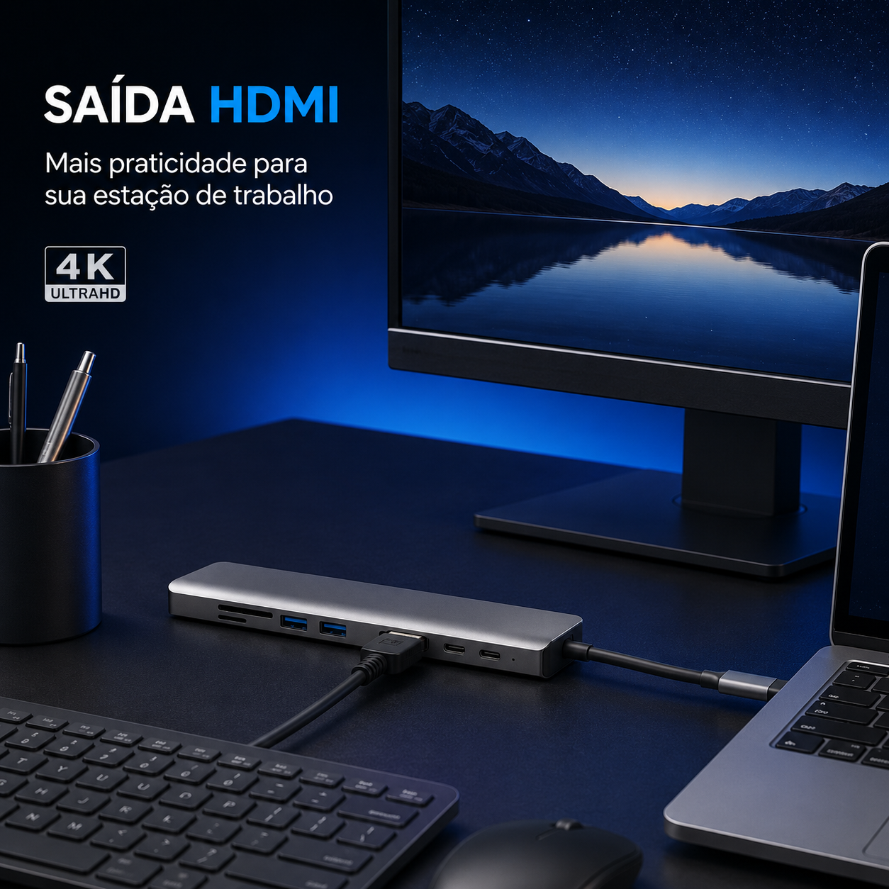 Hub USB-C 8 em 1 Premium com HDMI 4K, RJ45, USB 3.0 e PD