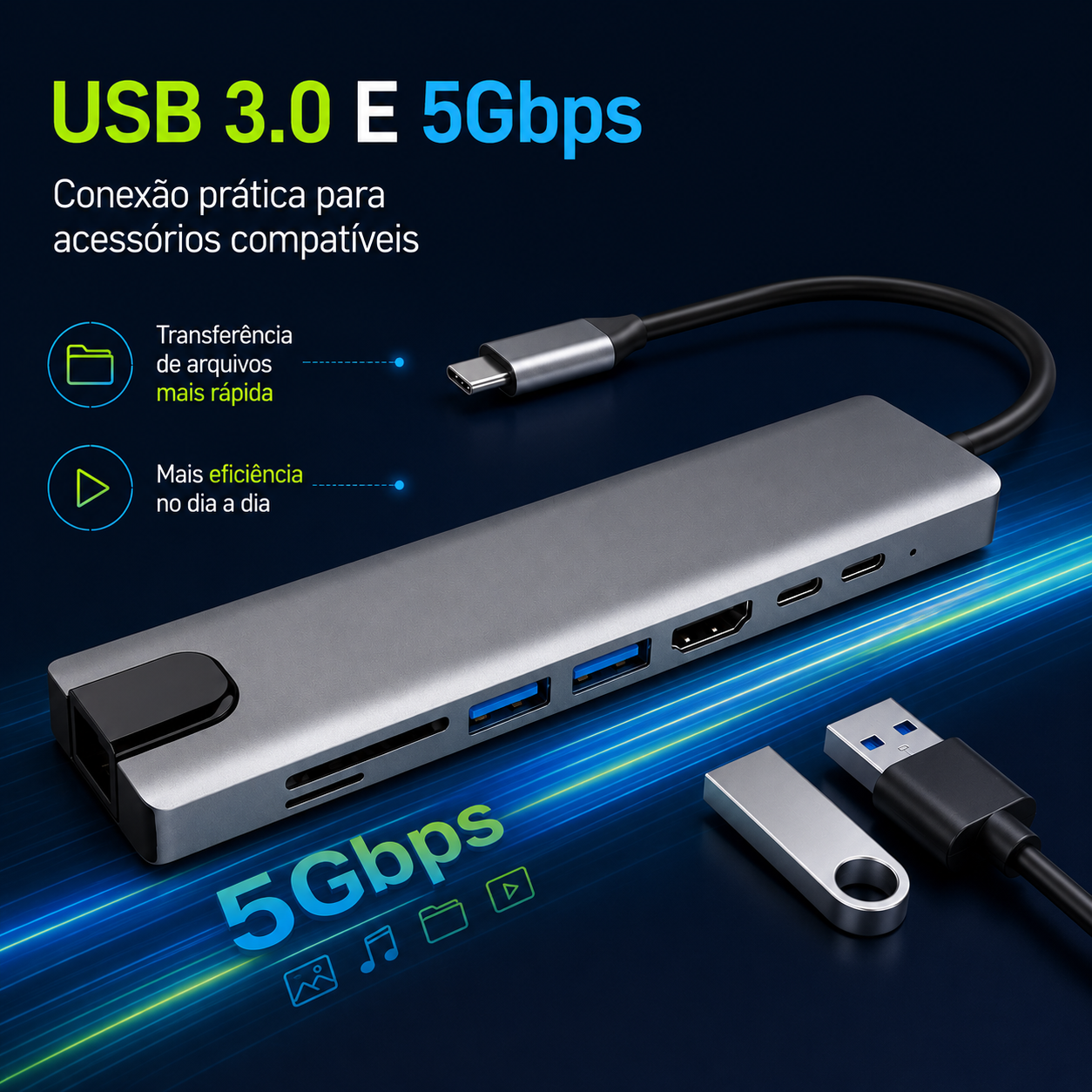 Hub USB-C 8 em 1 Premium com HDMI 4K, RJ45, USB 3.0 e PD