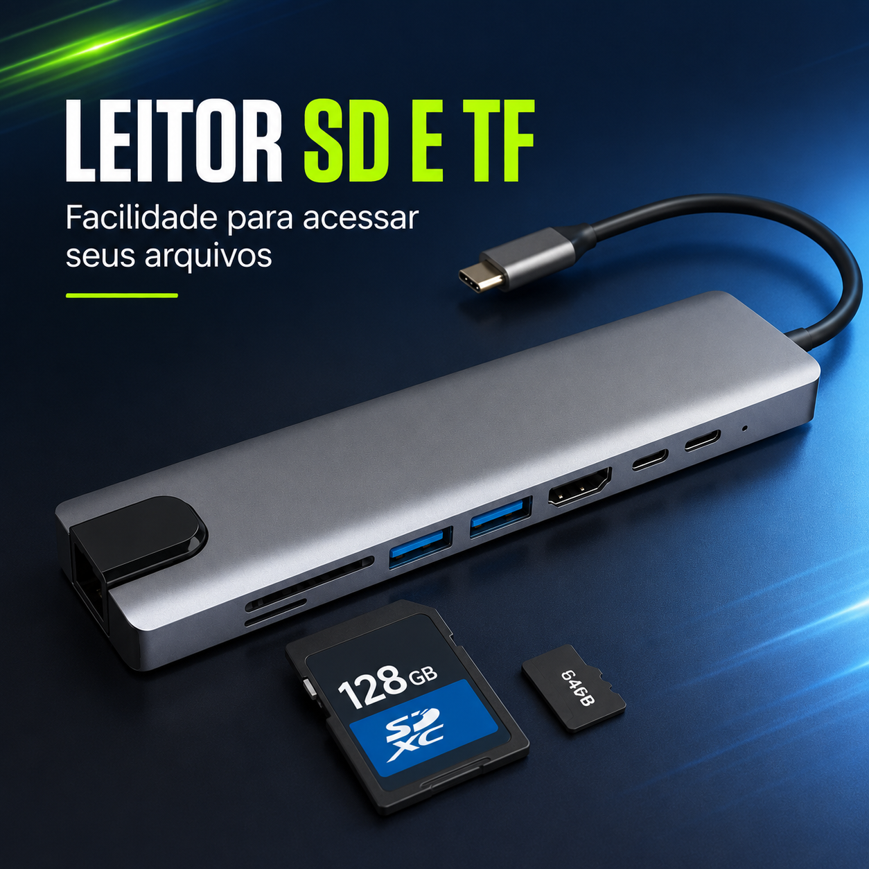 Hub USB-C 8 em 1 Premium com HDMI 4K, RJ45, USB 3.0 e PD