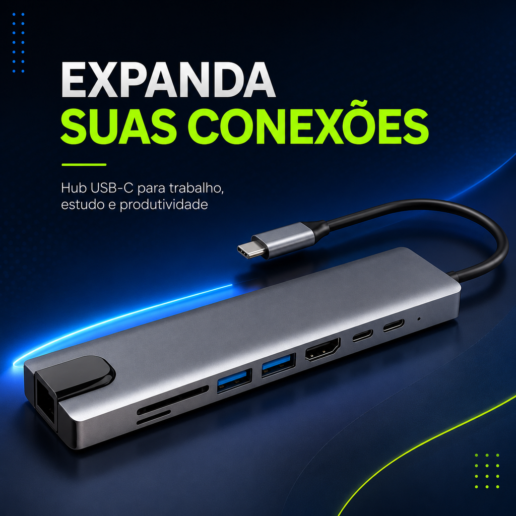 Hub USB-C 8 em 1 Premium com HDMI 4K, RJ45, USB 3.0 e PD