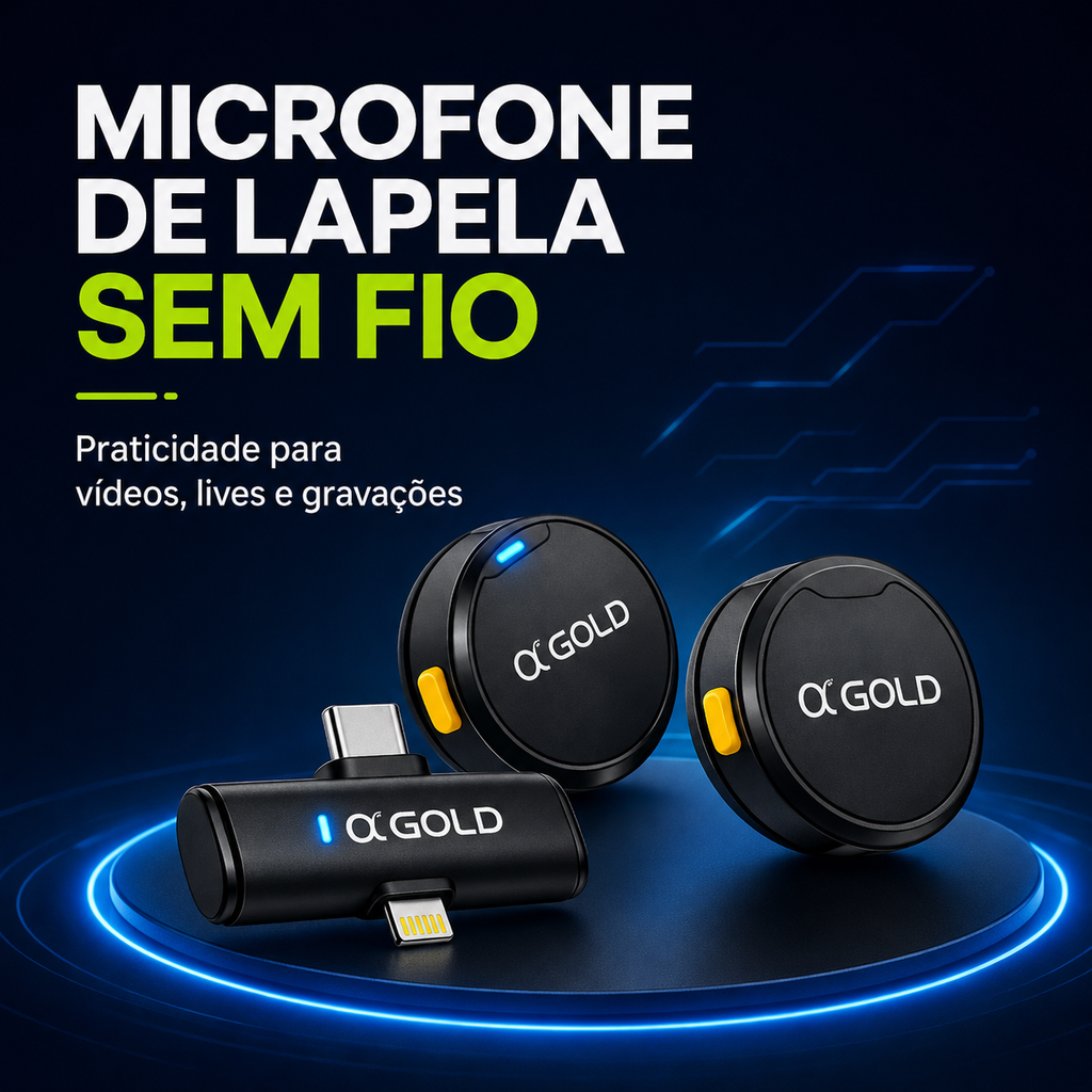 Microfone de Lapela Sem Fio Duplo A'Gold MCF-38D | USB-C e Lightning com Redução de Ruído