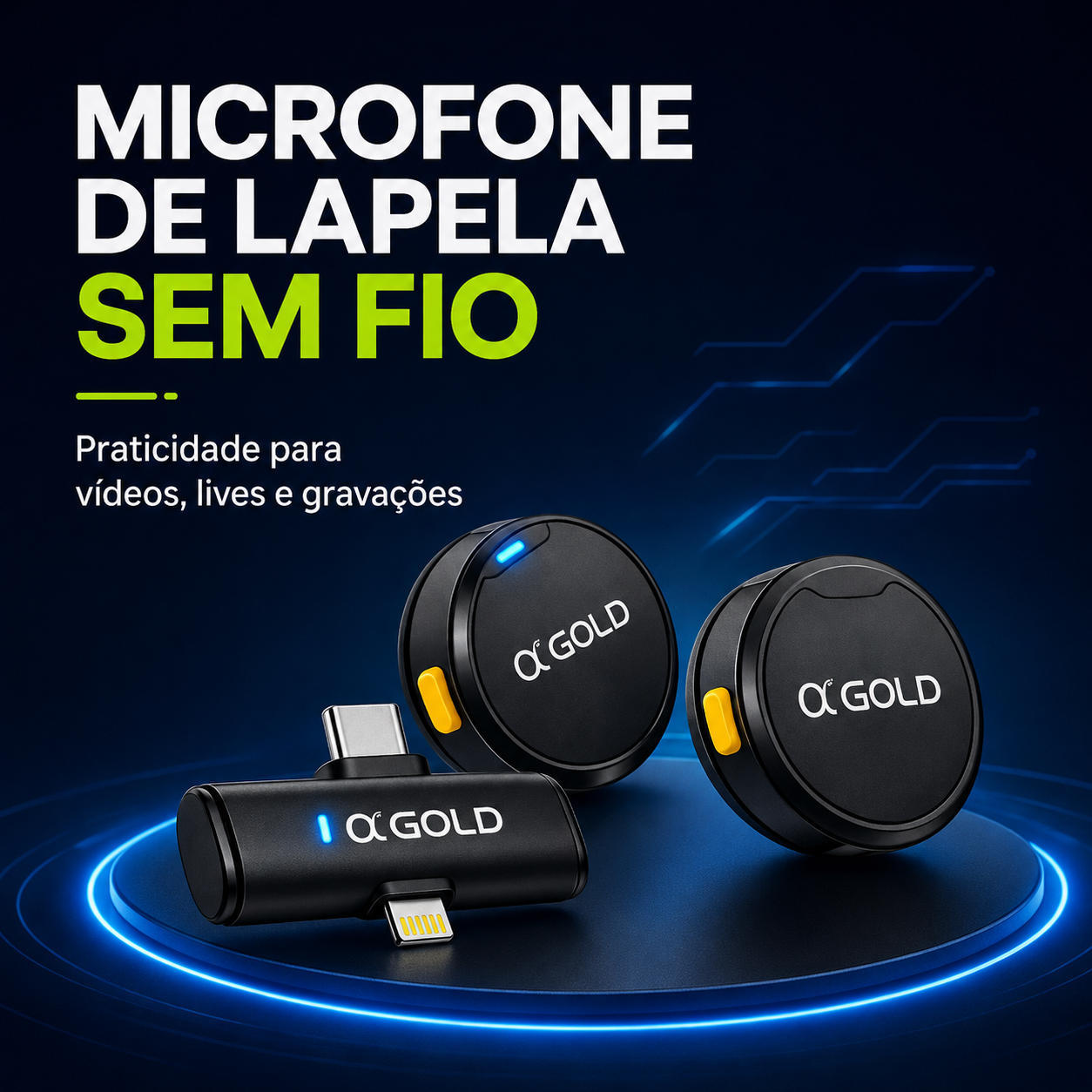 Microfone de Lapela Sem Fio Duplo A'Gold MCF-38D | USB-C e Lightning com Redução de Ruído