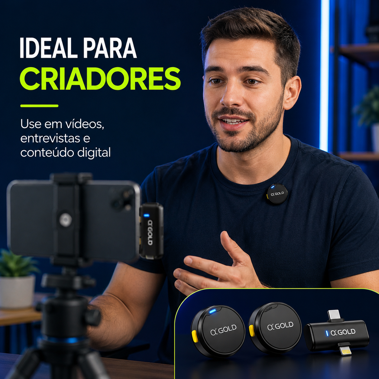 Microfone de Lapela Sem Fio Duplo A'Gold MCF-38D | USB-C e Lightning com Redução de Ruído