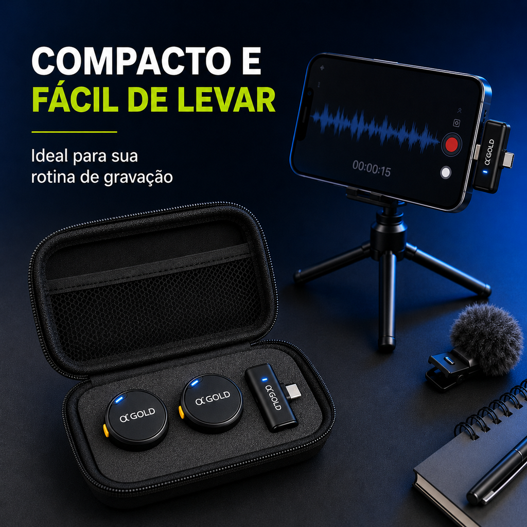 Microfone de Lapela Sem Fio Duplo A'Gold MCF-38D | USB-C e Lightning com Redução de Ruído