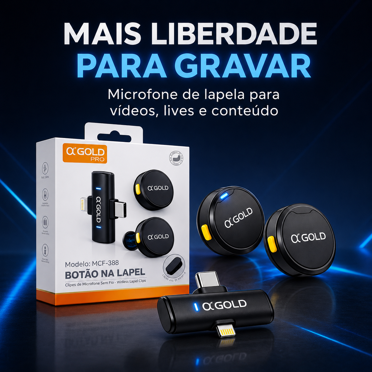 Microfone de Lapela Sem Fio Duplo A'Gold MCF-38D | USB-C e Lightning com Redução de Ruído