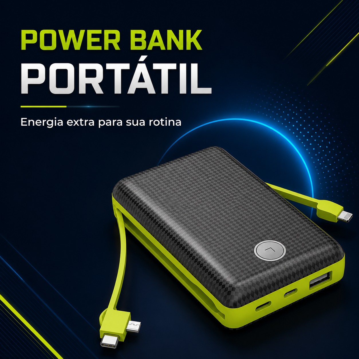 Power Bank Portátil 20.000mAh com LED e Entradas Micro USB, USB-C e Lightning