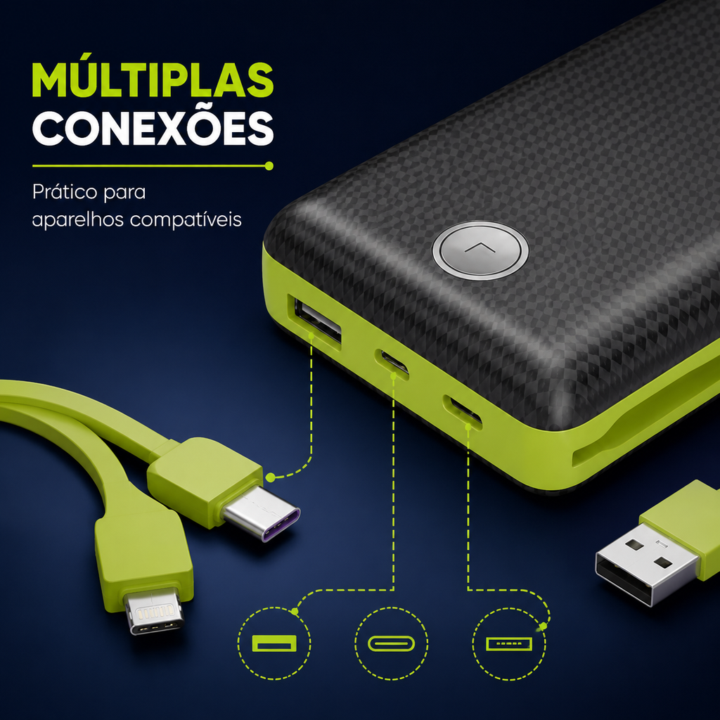 Power Bank Portátil 20.000mAh com LED e Entradas Micro USB, USB-C e Lightning