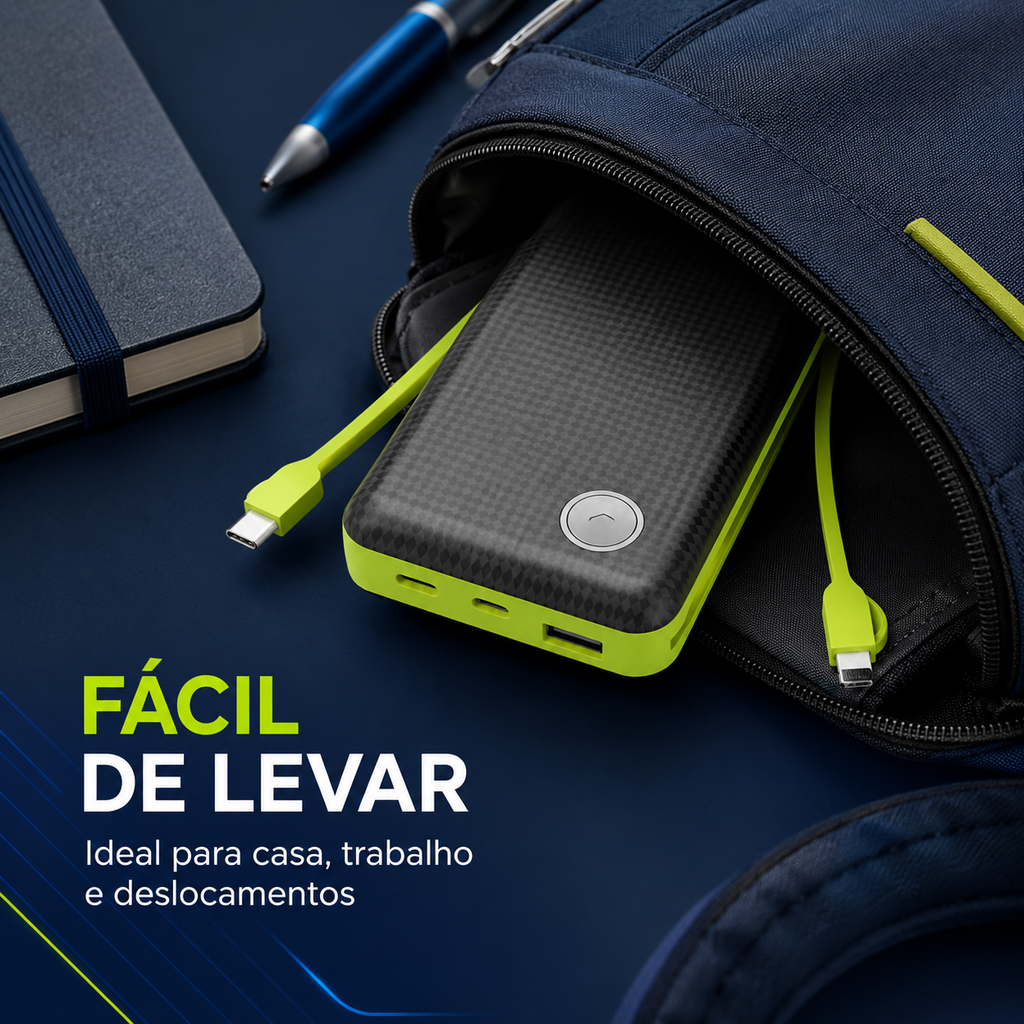 Power Bank Portátil 20.000mAh com LED e Entradas Micro USB, USB-C e Lightning