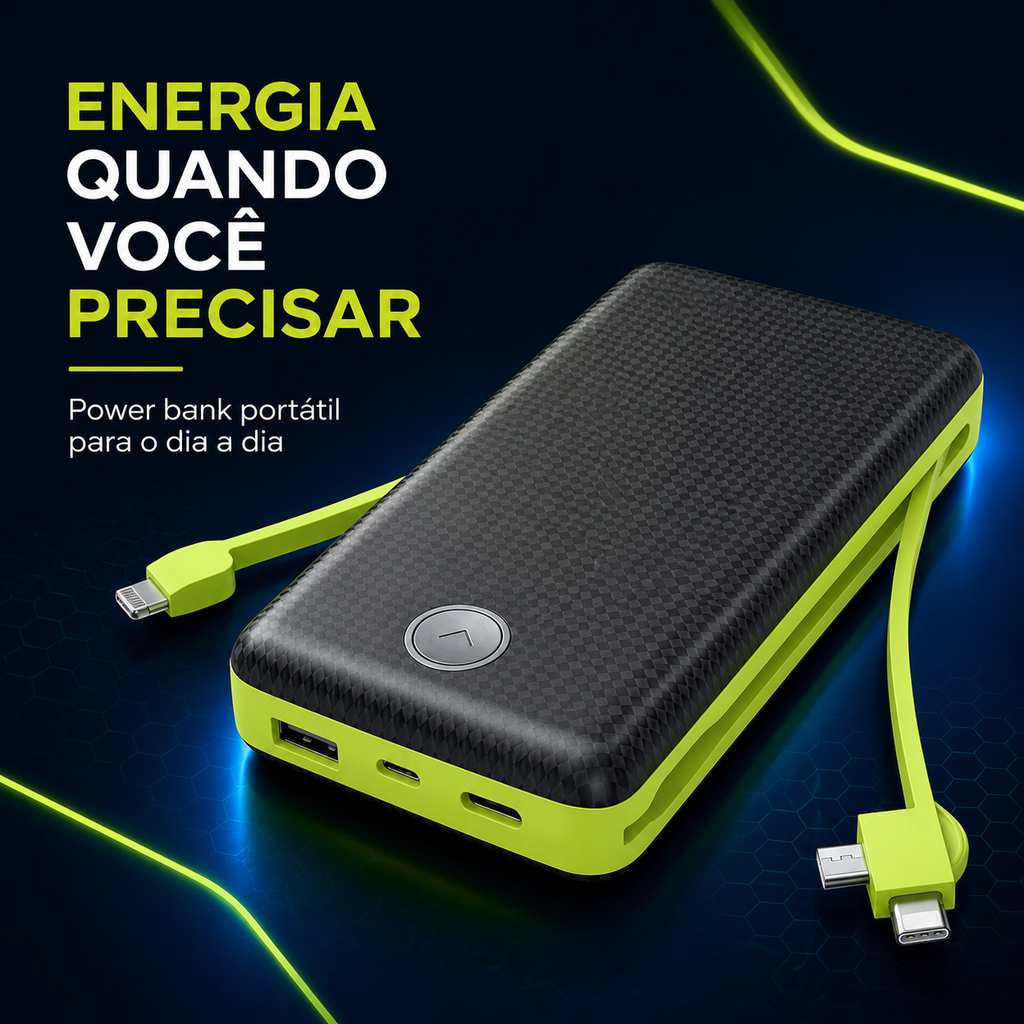 Power Bank Portátil 20.000mAh com LED e Entradas Micro USB, USB-C e Lightning