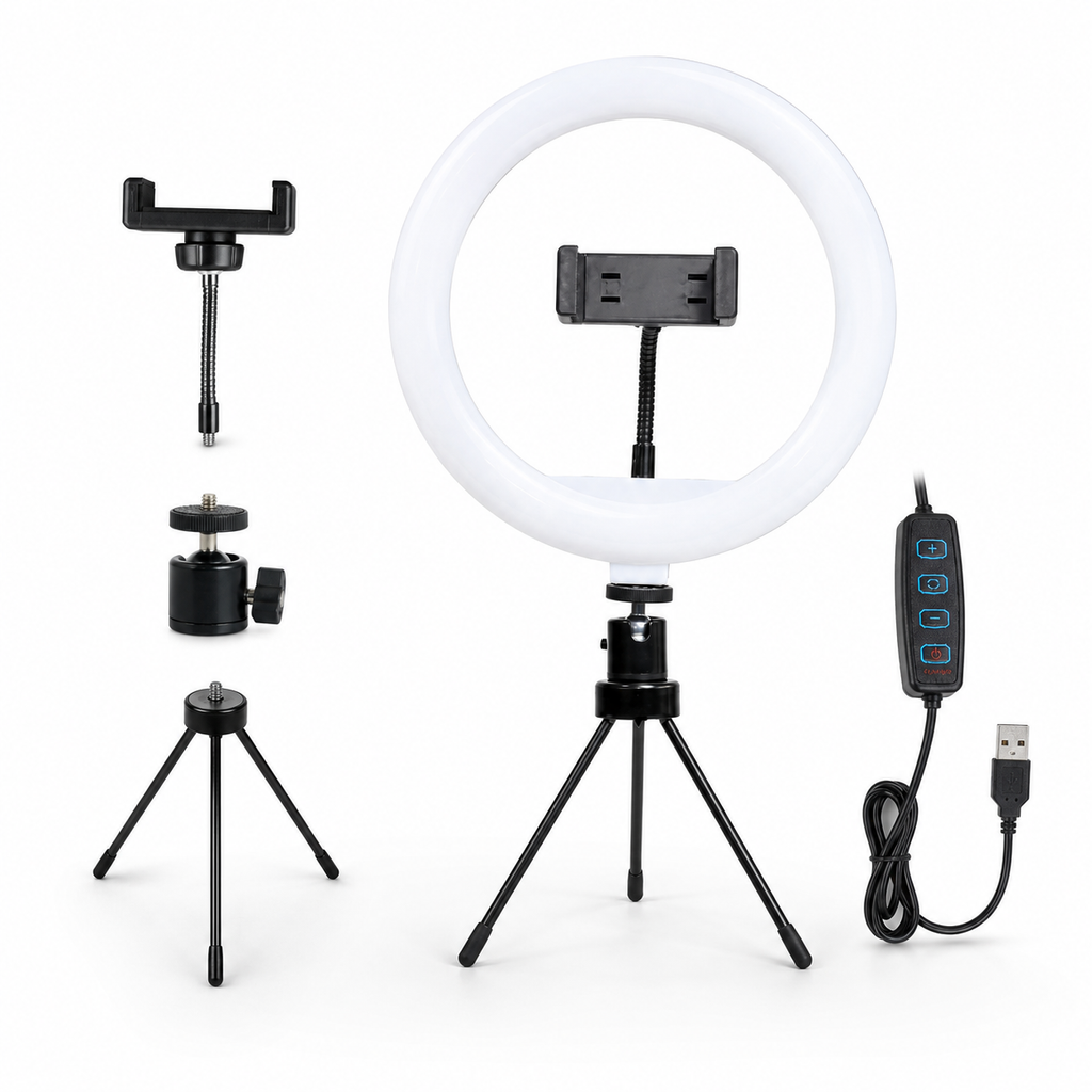 Ring Light LED 8 Polegadas com Tripé de Mesa e Suporte para Celular