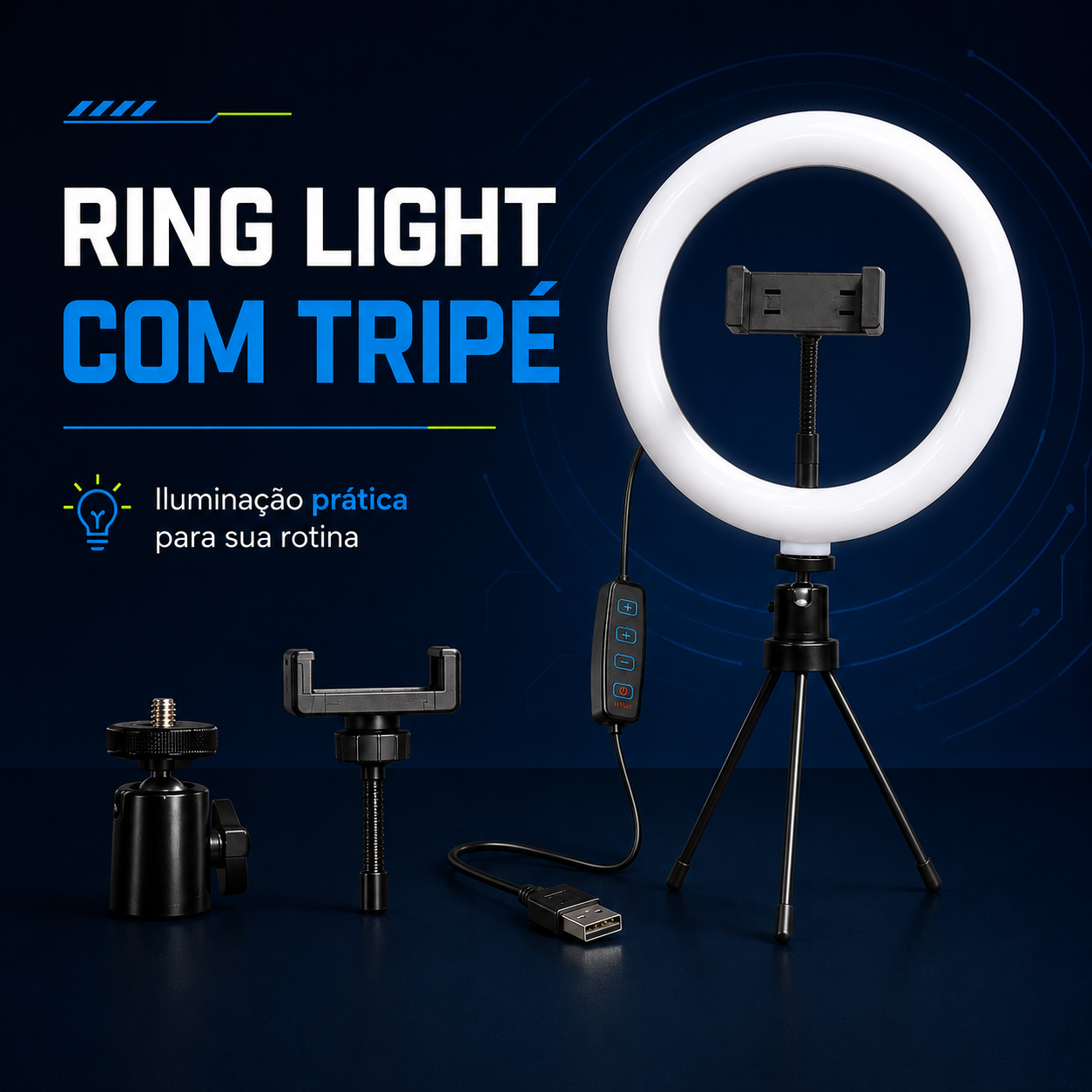 Ring Light LED 8 Polegadas com Tripé de Mesa e Suporte para Celular