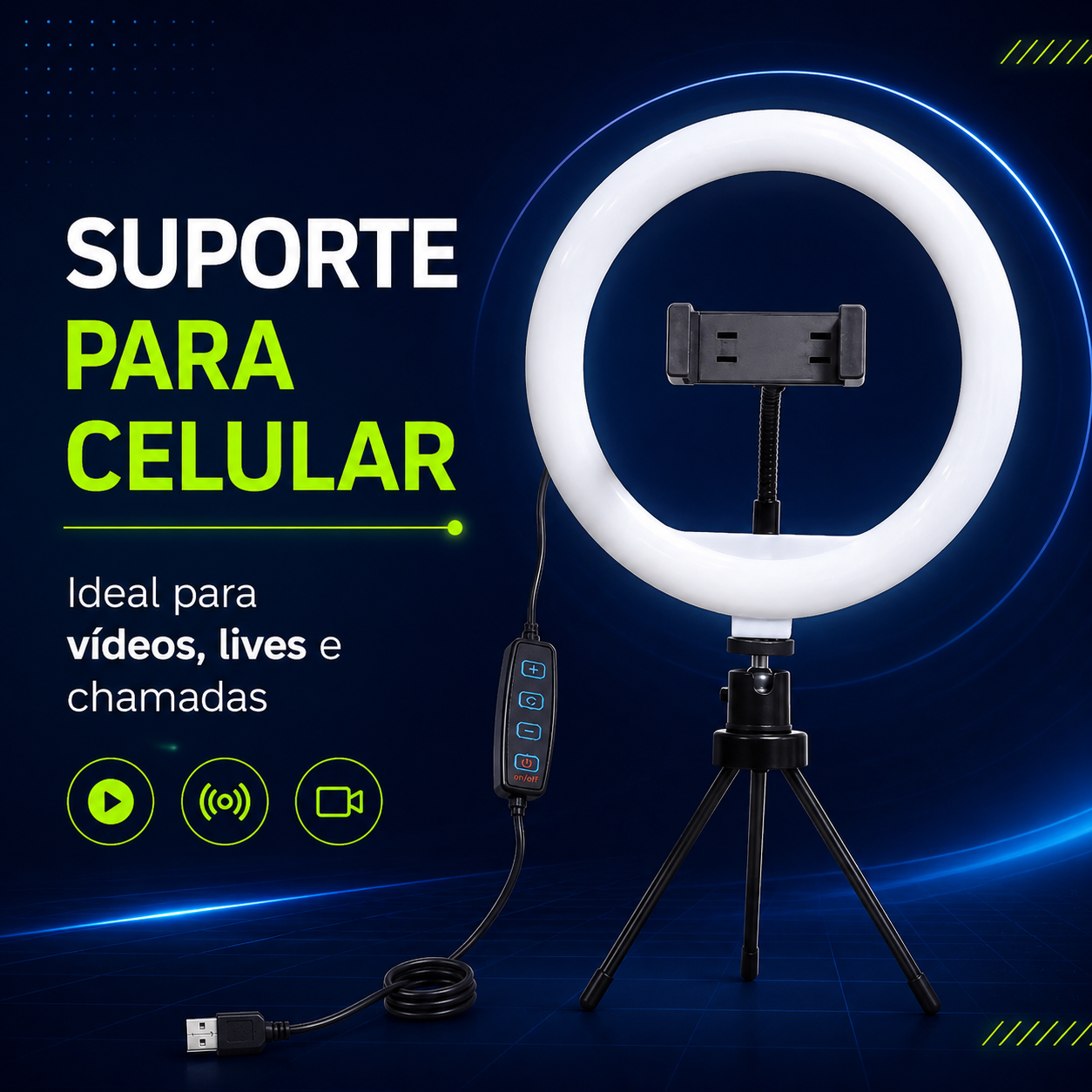 Ring Light LED 8 Polegadas com Tripé de Mesa e Suporte para Celular