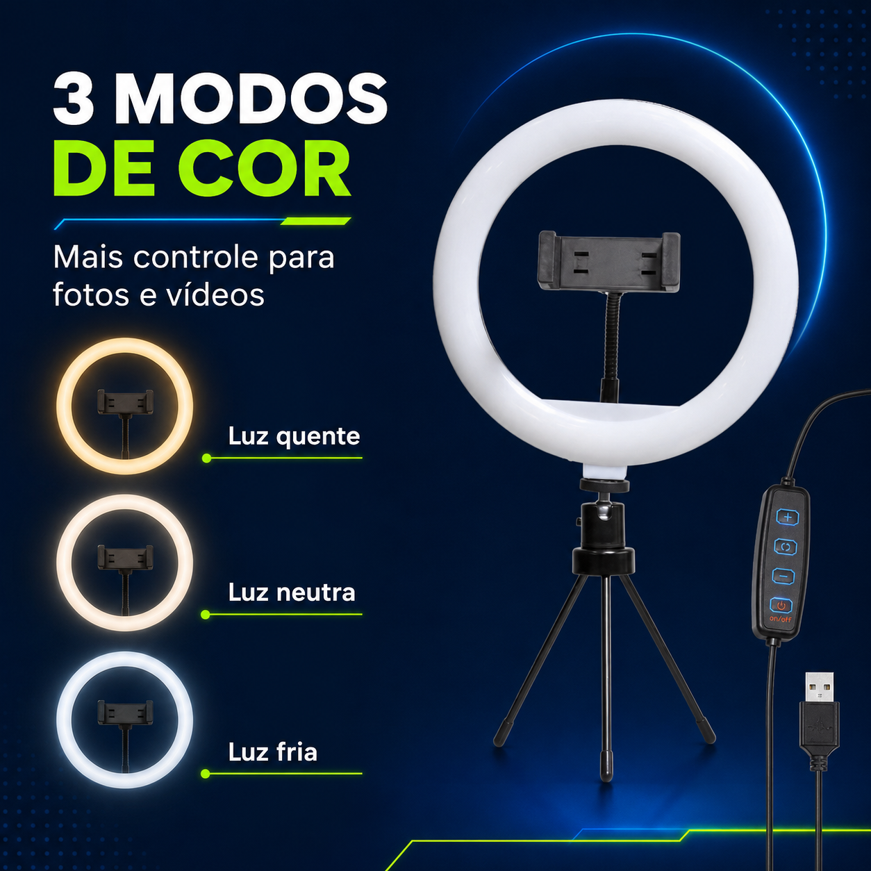 Ring Light LED 8 Polegadas com Tripé de Mesa e Suporte para Celular