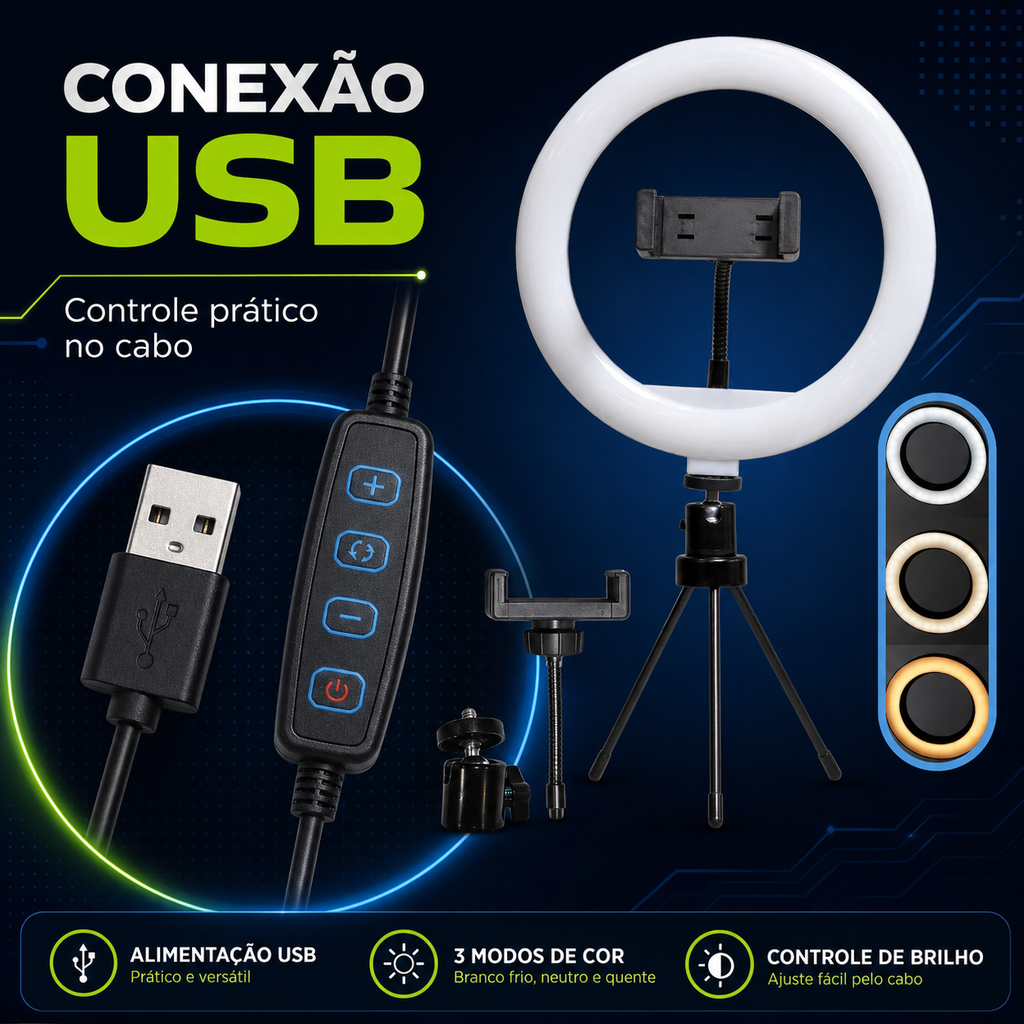 Ring Light LED 8 Polegadas com Tripé de Mesa e Suporte para Celular