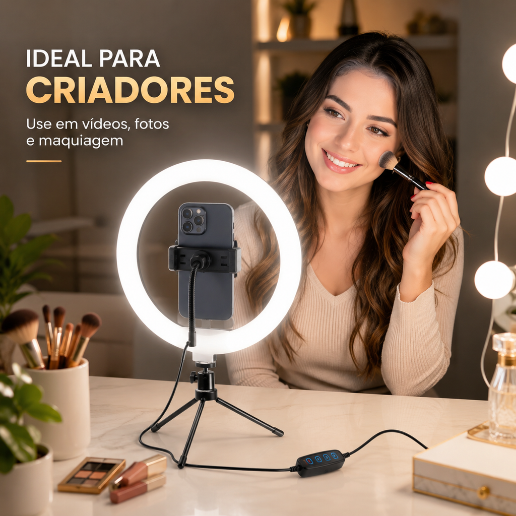Ring Light LED 8 Polegadas com Tripé de Mesa e Suporte para Celular