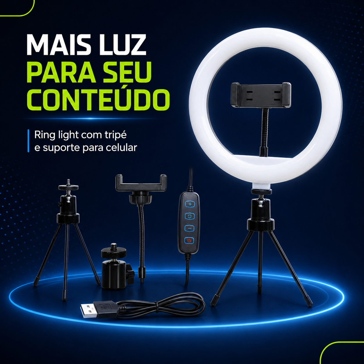 Ring Light LED 8 Polegadas com Tripé de Mesa e Suporte para Celular