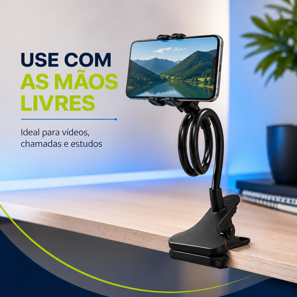 Suporte Articulado Flexível 360° para Celular com Presilha para Mesa e Cama