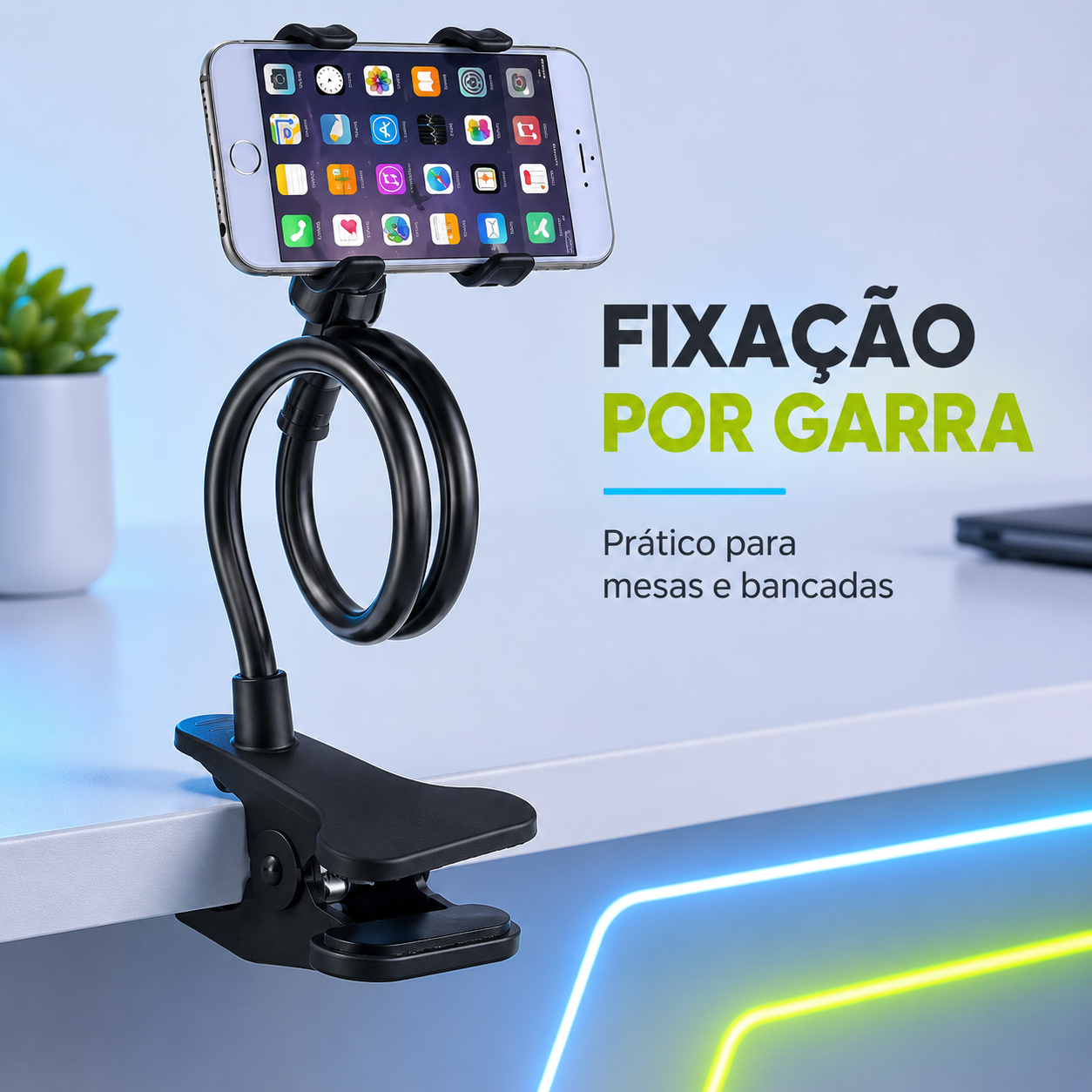 Suporte Articulado Flexível 360° para Celular com Presilha para Mesa e Cama