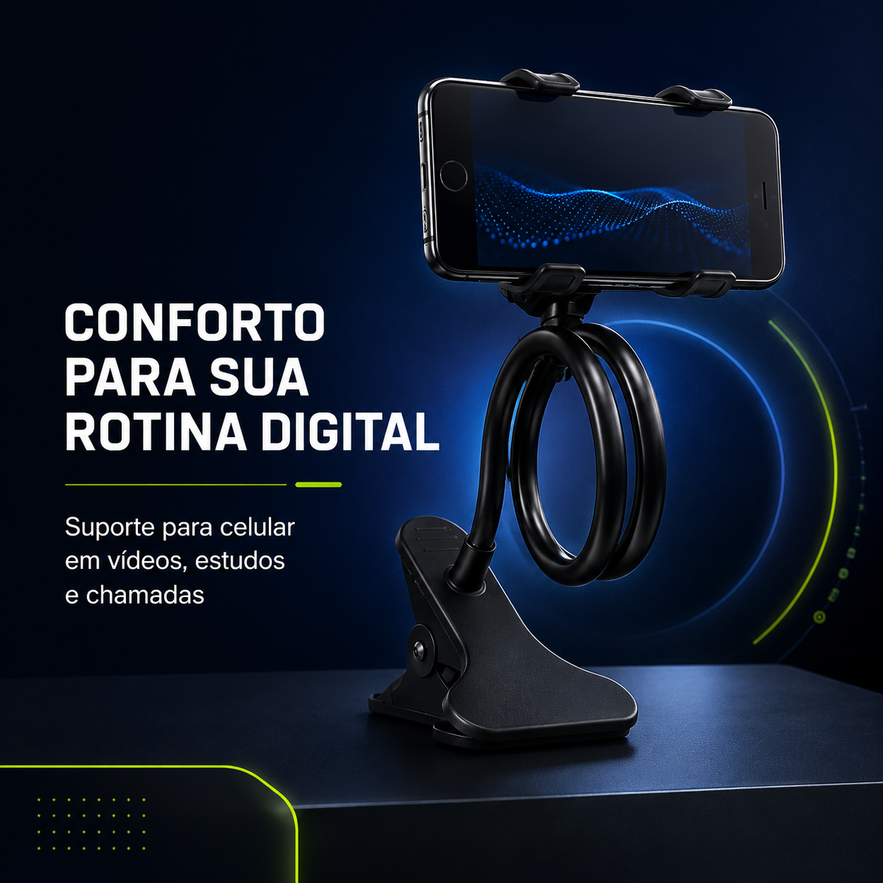 Suporte Articulado Flexível 360° para Celular com Presilha para Mesa e Cama