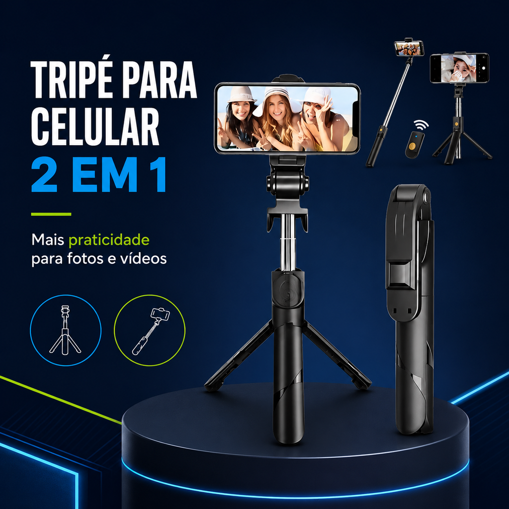 Bastão de Selfie Tripé Retrátil com Luz LED e Controle Bluetooth