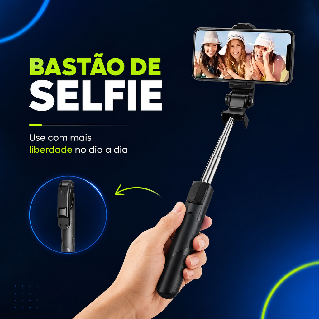 Bastão de Selfie Tripé Retrátil com Luz LED e Controle Bluetooth