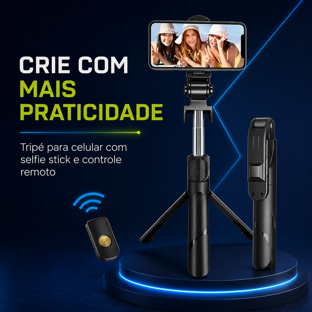 Bastão de Selfie Tripé Retrátil com Luz LED e Controle Bluetooth