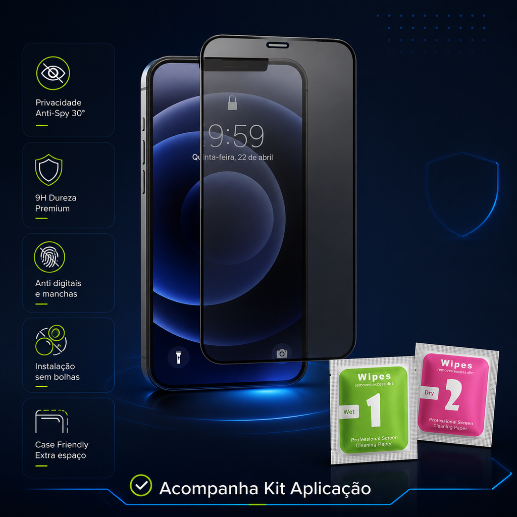 Kit Película IPhone Privacidade de Vidro 3D Privativa Anti-Espião Todos Modelos IOS XS XR 11 12 13 14 15 16 17 Pro Max
